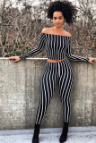 Stripe Elastic Fly Long Sleeve Mid Patchwork Striped Straight Pants Two-piece suit
