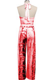 Red Sexy Fashion Patchwork Print Backless Sleeveless O Neck 
