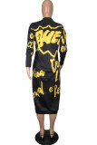 Black yellow Spandex Air Layer Fabric Letter Print Letter Basic O Neck Long Sleeve Mid Calf Straight Dresses