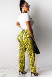 Pantalon ample imprimé patchwork mi-long avec cordon de serrage jaune