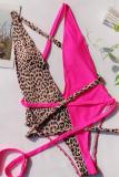 rosa rojo nylon con capucha hacia fuera patchwork vendaje estampado de leopardo sin espalda adulto sexy moda bikinis set