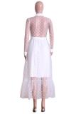 White Fashion Sexy Cap Sleeve Long Sleeves Turndown Collar Pleated Ankle-Length lace Polka Dot p