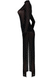 黒のセクシーな視点メッシュ幾何学的なツーピース スーツ A ライン スカート長袖