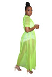 Green Casual Fashion Cap Sleeve Half Sleeves O neck Straight Ankle-Length Solid asymmetrical Mes