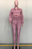Deep pink Casual Two Piece Suits contrast color Solid Straight Long Sleeve Two-piece Pants Set