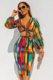 Multi-color adult Street Fashion Two Piece Suits Print Tie Dye Striped Hip skirt Long Sleeve Two-Piec