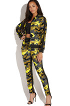 Yellow Polyester Elastic Fly Long Sleeve Mid Zippered Print Patchwork Straight Pants  Two-piece suit