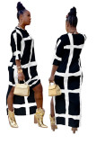 Black Fashion adult Sexy Cap Sleeve Half Sleeves O neck Swagger Ankle-Length Thigh Split Stripe Print Loose Maxi Dress