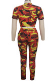 Orange Sexy Patchwork Two Piece Suits Print Straight Long Sleeve Two-piece Pants Set