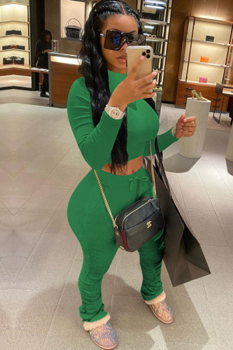 Green knit Sexy Fashion Patchwork Two Piece Suits Solid Straight Long Sleeve 