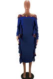 Navy Blue Sexy Fashion Off The Shoulder Long Sleeves One word collar A-Line Ankle-Length Patchwork 