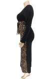 Geel Sexy volwassen mode V-hals patchwork print luipaard bandage stiksels plus size jurken