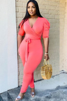 Pink Sexy Solid bandage Draped Polyester Short Sleeve V Neck  Jumpsuits