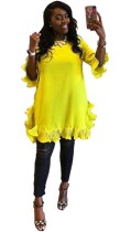Желтая милая свободная юбка с круглым вырезом и короткими рукавами, летние платья