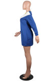 ブルー ファッション セクシー ロング スリーブ O ネック ステップ スカート スカート パッチワーク クラブ ドレス