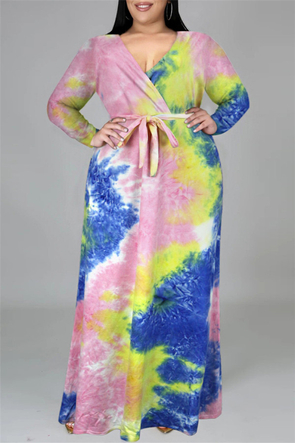 Vestido de talla grande de manga larga con cuello en V y estampado casual de moda multicolor
