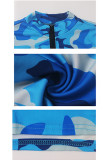 Azul sexy retalhos ternos de duas peças imprimir em linha reta manga longa conjunto de calças de duas peças