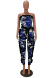 Blue Drawstring Mid Patchwork camouflage pencil Pants Jumpsuits & Rompers
