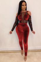 Red Fashion Casual perspective Mesh Patchwork Polyester Long Sleeve O Neck  Jumpsuits