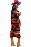 Red Casual Cap Sleeve Long Sleeves O neck Lantern skirt Mid-Calf Print Striped