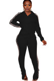 Черный повседневный костюм-двойка Лоскутный однотонный свободный комплект из двух частей с длинными рукавами