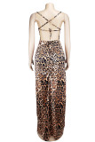 Brown Polyester adult Fashion Sexy Off The Shoulder Sleeveless Slip Asymmetrical Floor-Length Print Draped