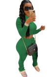Grön stickad Sexig Mode Patchwork Tvådelade kostymer Solid Rak Långärmad