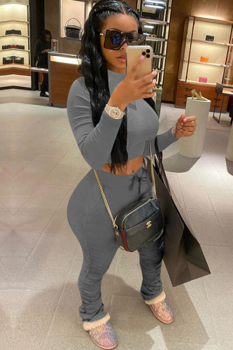 Grey knit Sexy Fashion Patchwork Two Piece Suits Solid Straight Long Sleeve 