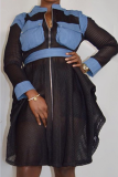 Черная пикантная модная повязка с длинными рукавами и отложным воротником трапециевидной формы длиной до колена с цепочкой и рюшами из сетки PA