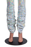 Pantalones sueltos de lentejuelas drapeados altos sin mangas con mosca elástica multicolor Pantalones