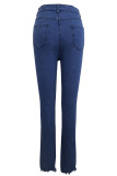 Blaue Jeans mit Reißverschluss, ärmellos, mittleres Loch, Patchwork, Perlenstickerei, solide, alte Bleistifthose