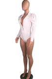 White Sexy Button Solid Long Sleeve Turndown Collar 