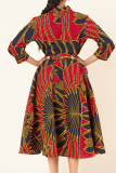 Rode casual print patchwork turndown kraag bedrukte jurkjurken