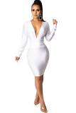 White Celebrities Cap Sleeve Long Sleeves V Neck Lantern skirt Knee-Length Solid Patchwork tasse