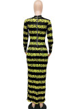 Amarelo moda rua adulto fibra de leite retalhos impressão retalhos o pescoço manga longa tornozelo comprimento ternos de uma peça vestidos