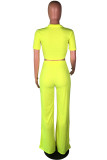 Green Fashion adult Lightly cooked Two Piece Suits Button Solid Straight Short Sleeve Two-piece