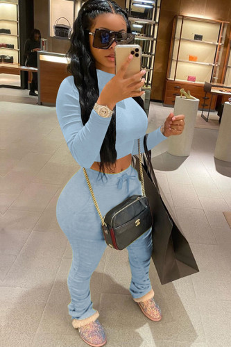 Light Blue knit Sexy Fashion Patchwork Two Piece Suits Solid Straight Long Sleeve 