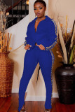 Set di pantaloni a due pezzi casual blu a due pezzi patchwork tinta unita a maniche lunghe larghe