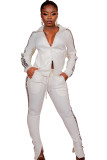 Weiße lässige zweiteilige Anzüge, Patchwork, solide, lockere, langärmelige, zweiteilige Hosen-Set
