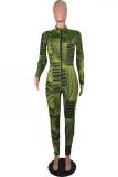 Green Sexy Fashion Patchwork Print zipper Long Sleeve V Neck 