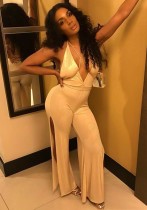 Khaki Hollow Out Backless Solid Fashion sexy Jumpsuits & Rompers