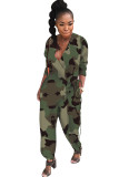 Green Casual Print Long Sleeve V Neck Jumpsuits