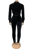 Black Daily Solid Patchwork Zipper Collar Long Sleeve Regular Sleeve Short Two Pieces