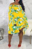 Yellow Sexy adult Fashion Off The Shoulder Long Sleeves One word collar Swagger Mid-Calf Patchwor