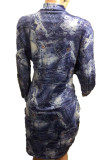 Blauwe sexy print patchwork O-hals A-lijn plus maat jurk