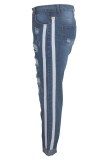 Pantaloni dritti patchwork in denim blu con cerniera e senza maniche, con foro centrale, lavaggio solido