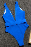 Blå Solid Asymmetrisk Mode Sexiga OnePiece Badkläder