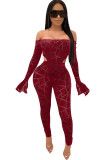 Red Network Sexy Print asymmetrical Two Piece Suits Patchwork Mesh pencil Long Sleeve 