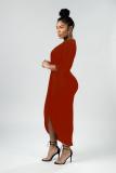 Rouge Casual Fashion adulte Cap Sleeve Manches 3/4 Col en V Asymétrique Mi-mollet Solide Patc