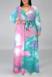 Robe multicolore mode décontracté imprimé tie-dye col en V manches longues grande taille